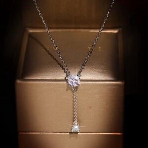 Elegant 925 Sterling Silver Zircon Solitaire Lariat Necklace